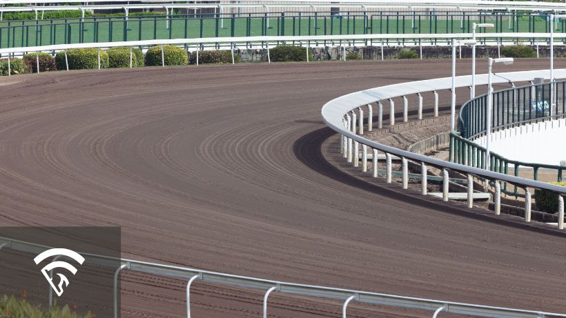 Close up view of a dirt horse racing track