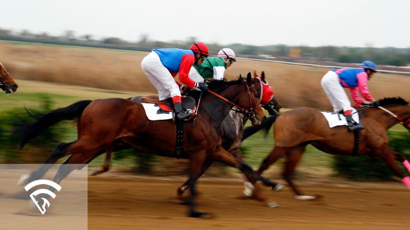 Horses and jockeys racing representing a left-handed track