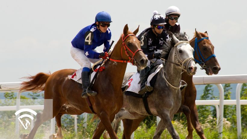 Close up of three horses and jockeys representing a one-turn mile horse race