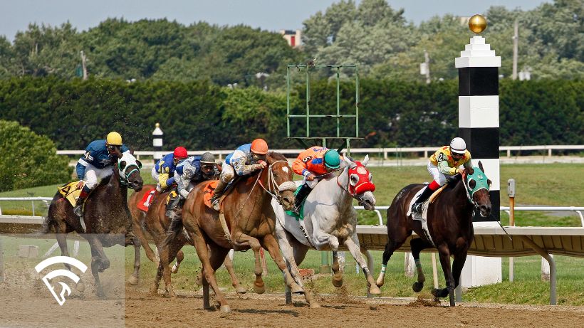 Horses with jockeys racing representing a condition or restricted race