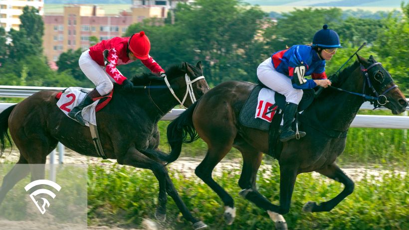 Two horses racing with jockeys