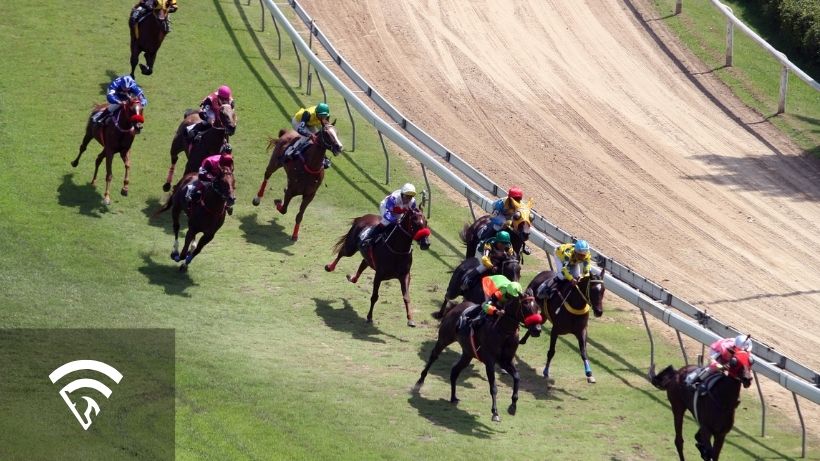 Horses racing on track representing the topic of an advance deposit wagering (ADW) platform
