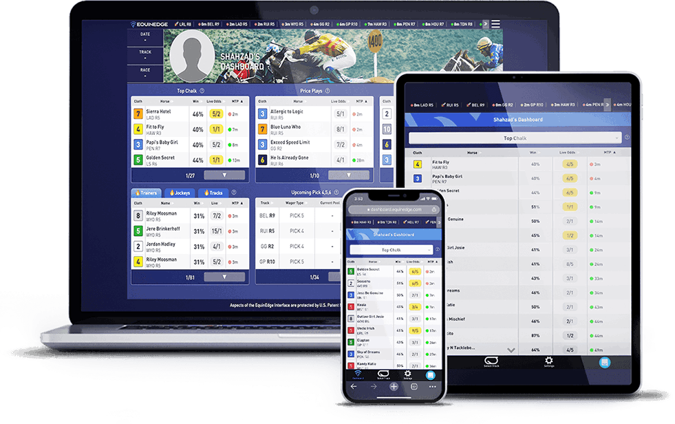 Screenshot of EquinEdge AI Handicapping Toolkit on desktop, tablet, and mobile